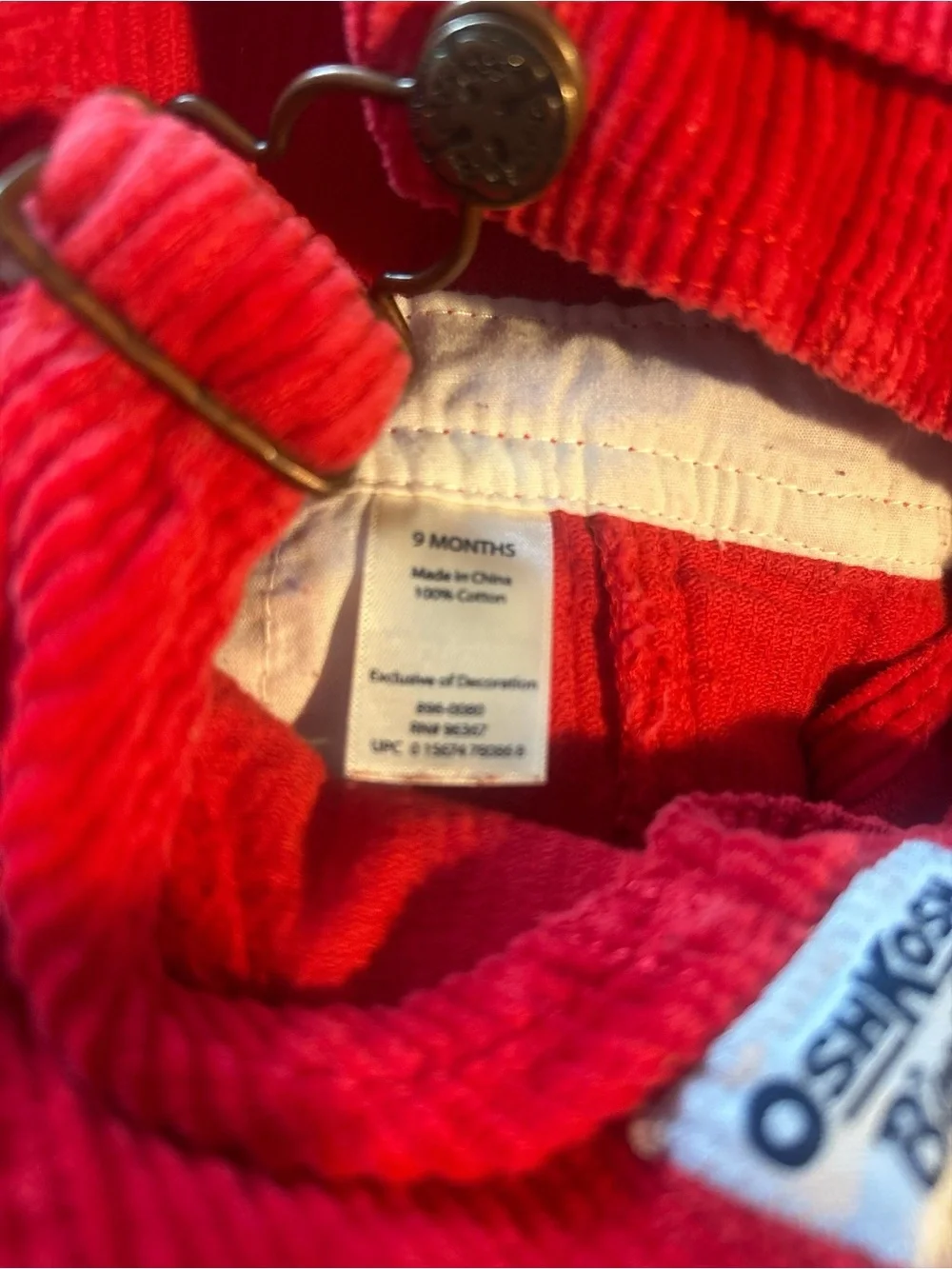 OshKosh B'gosh Bright Red Corduroy Kids Overalls 9 Months